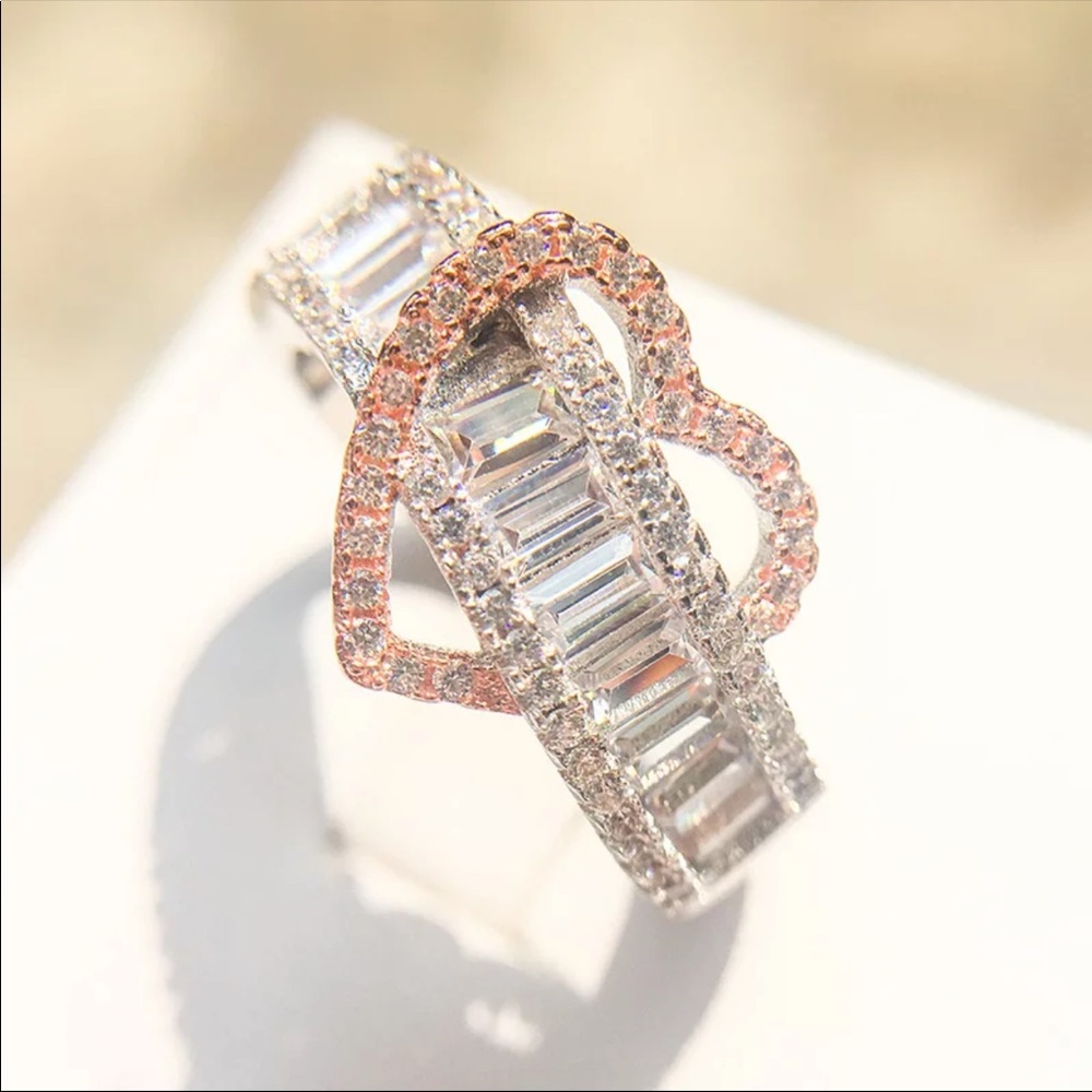 New Luxury 925 Silver 2 Tone Heart Engagement Ring - Picture 2 of 4